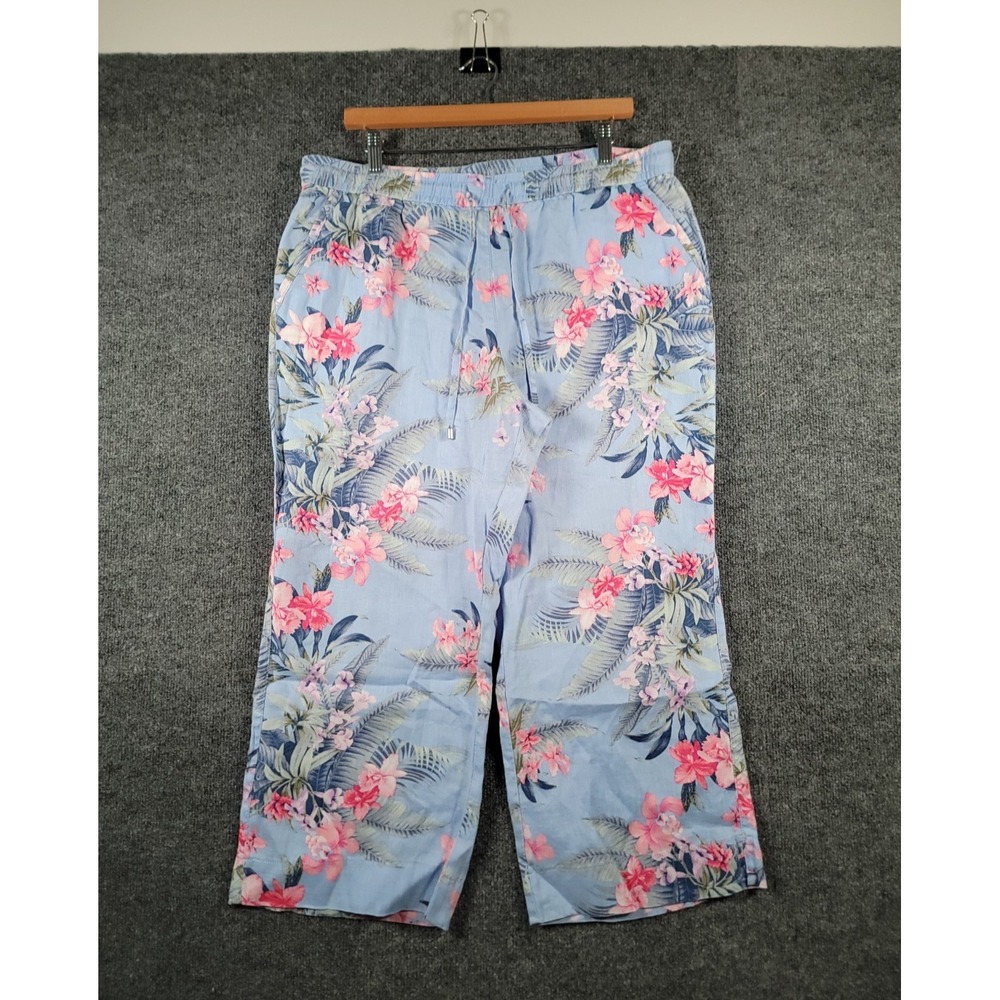 Tommy Bahama Wide Leg Pants Women Large Floral 100% Linen Drawstrings Pull On